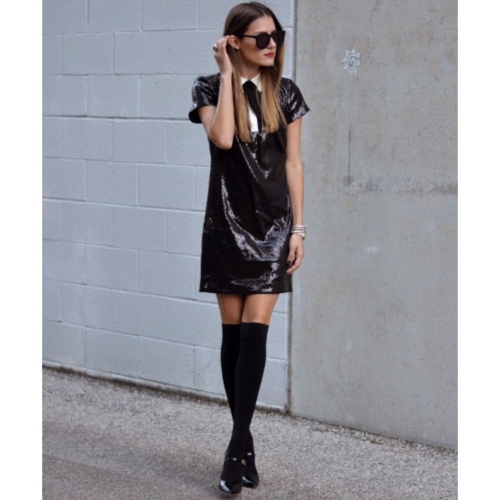 Ann Taylor black sequin dress with ivory collar